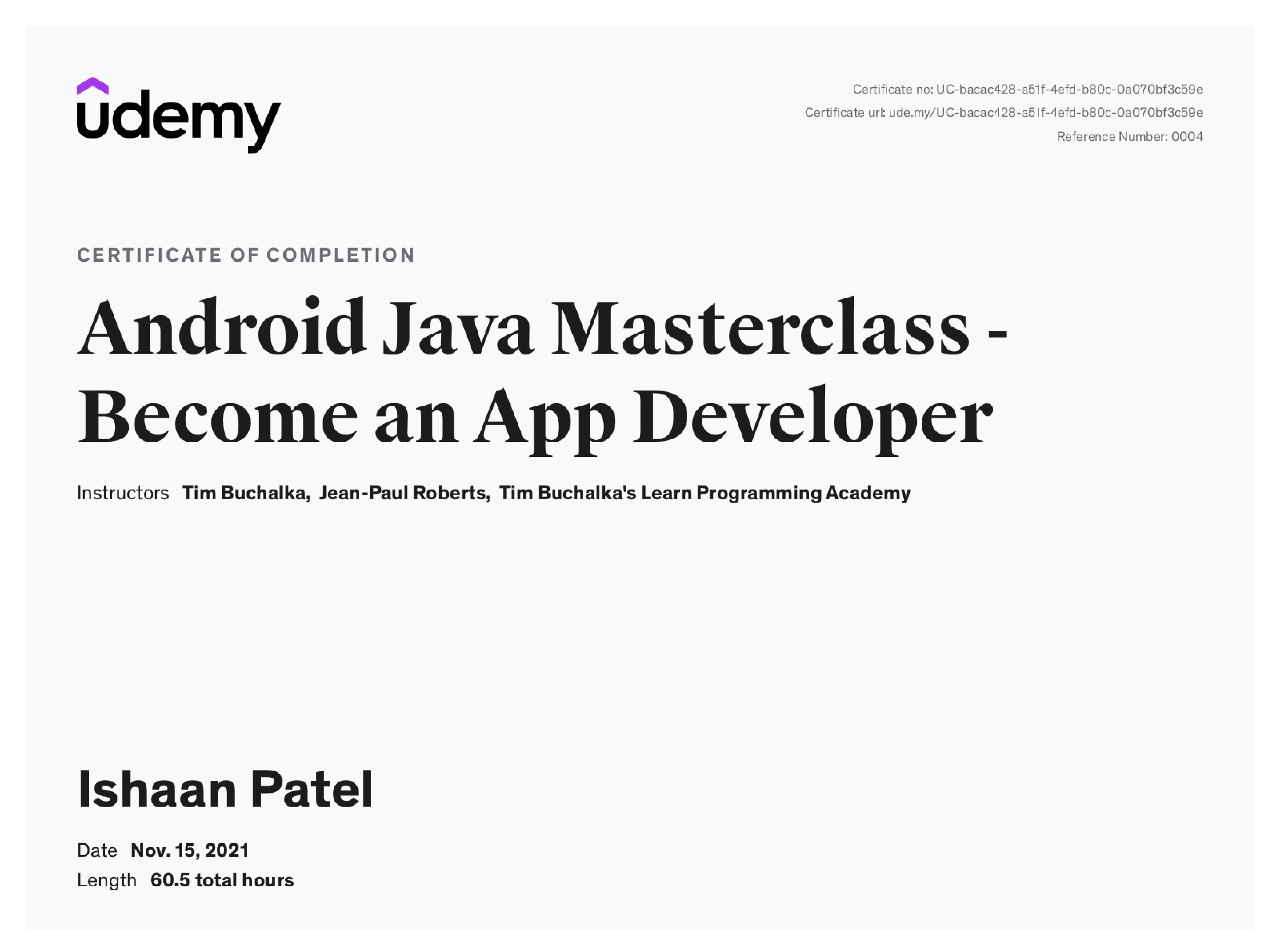 Android Course Certificate Sample Experiences